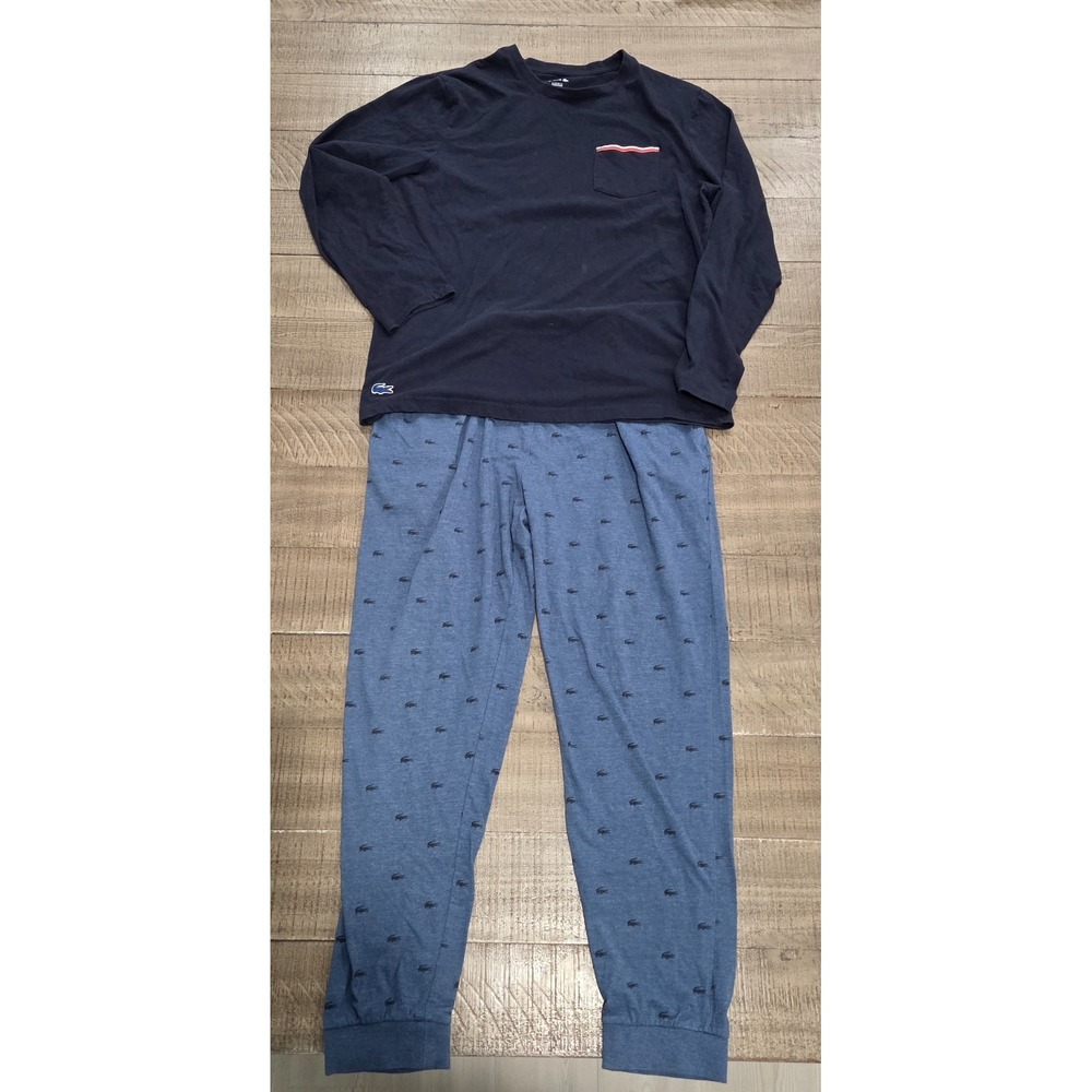 Mens Lacoste Medium Pajama Set Long Pants & Long Sleeve Shirt Navy